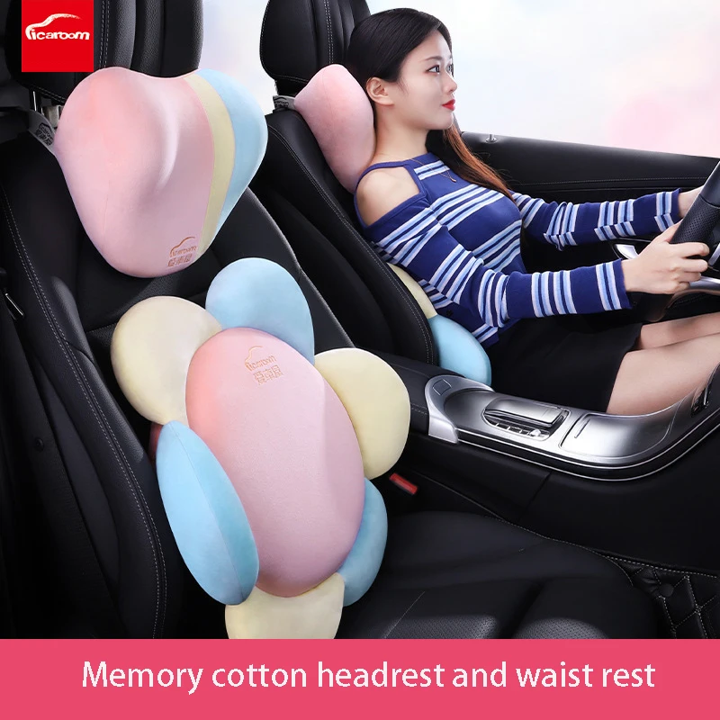 

Cute Girl Car Headrest Seat Neck Pillow And Cartoon Waist Lumber Support Sunflower Shape Auto Home Office Interior Accessories