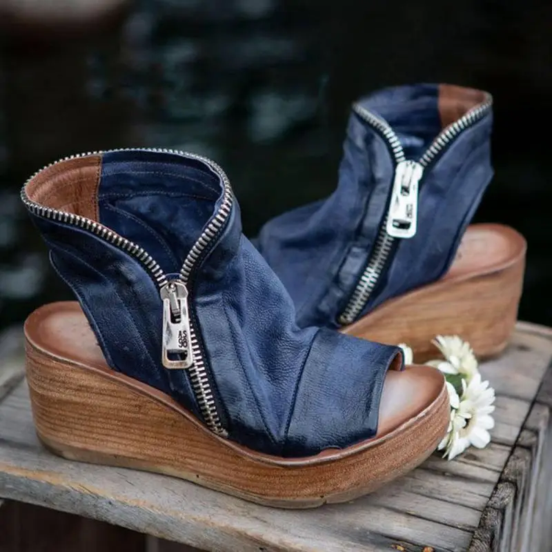 Ladies Summer Sandals Shoes New Fashion Retro Open Toe Platform Sandals PU Leather Zipper Platform Women Shoes Ladies Sandals