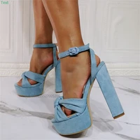 designer light blue suede leather high heel platform sandals woman narrow band cross tied summer european party dress shoe