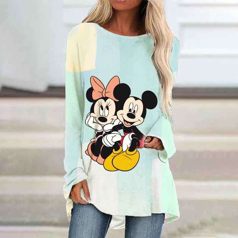 

2022 Women's Disney Minnie and Mickey 3D Printed Long Sleeve Loose Top Crewneck Simple Pullover Autumn Winter Casual Top