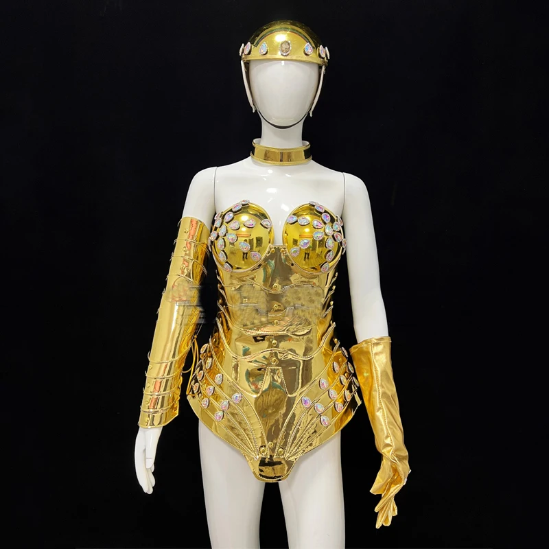 

Tech Punk Style Nightclub Dj Ds Gogo Costumes Gold Armor Rhinestones Bodysuit Women Stage Performance Wear Rave Outfit XS5707