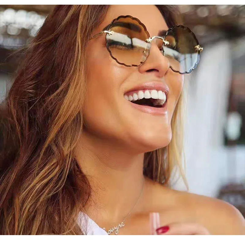 MIZHO модные круглые солнцезащитные очки с цветком женские без оправы цепочкой