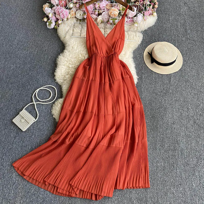 

Summer V Neck Spaghetti Strap Cakee Maxi Long Pleated Chiffon Dress
