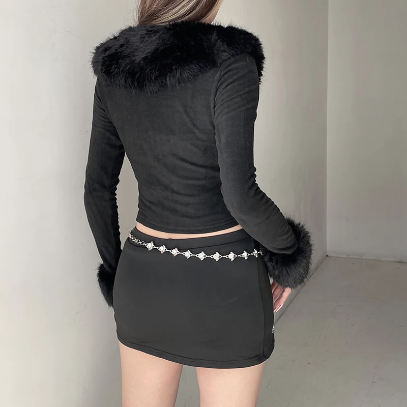 HEYounGIRL Y2K меховой лоскутный кардиган футболка винтажный черный зимний