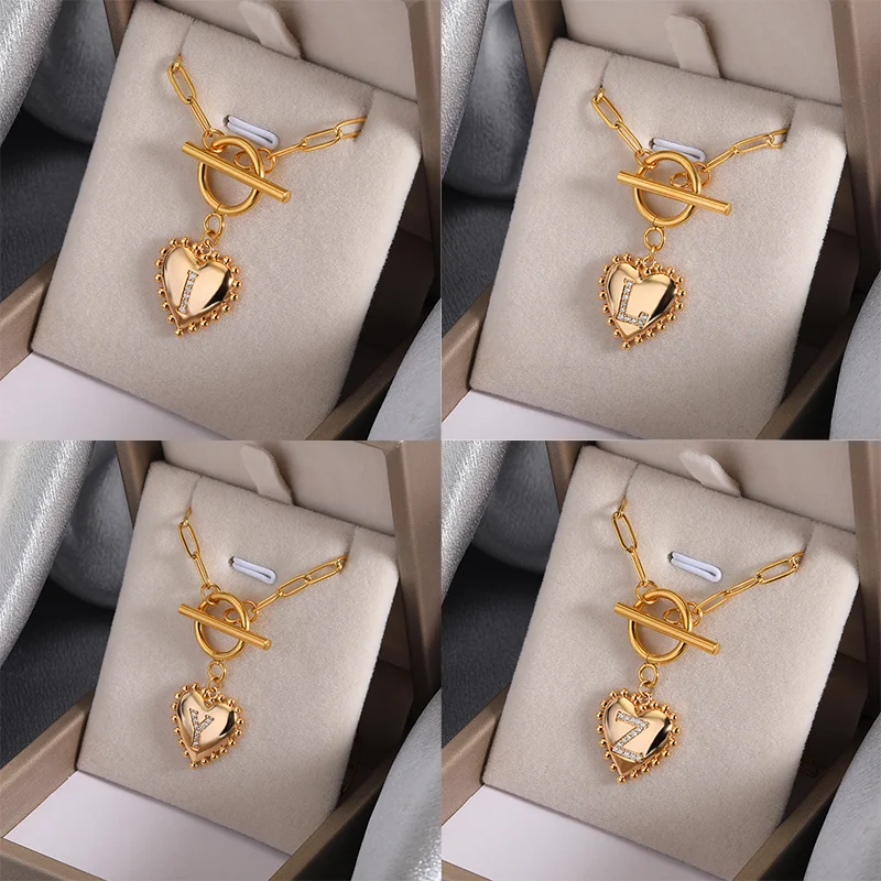 

A-Z Letter Heart Toggle Necklaces For Women Color Copper Zircon Initials Choker Alphabet Pendant Paper Clip Chain Jewelry