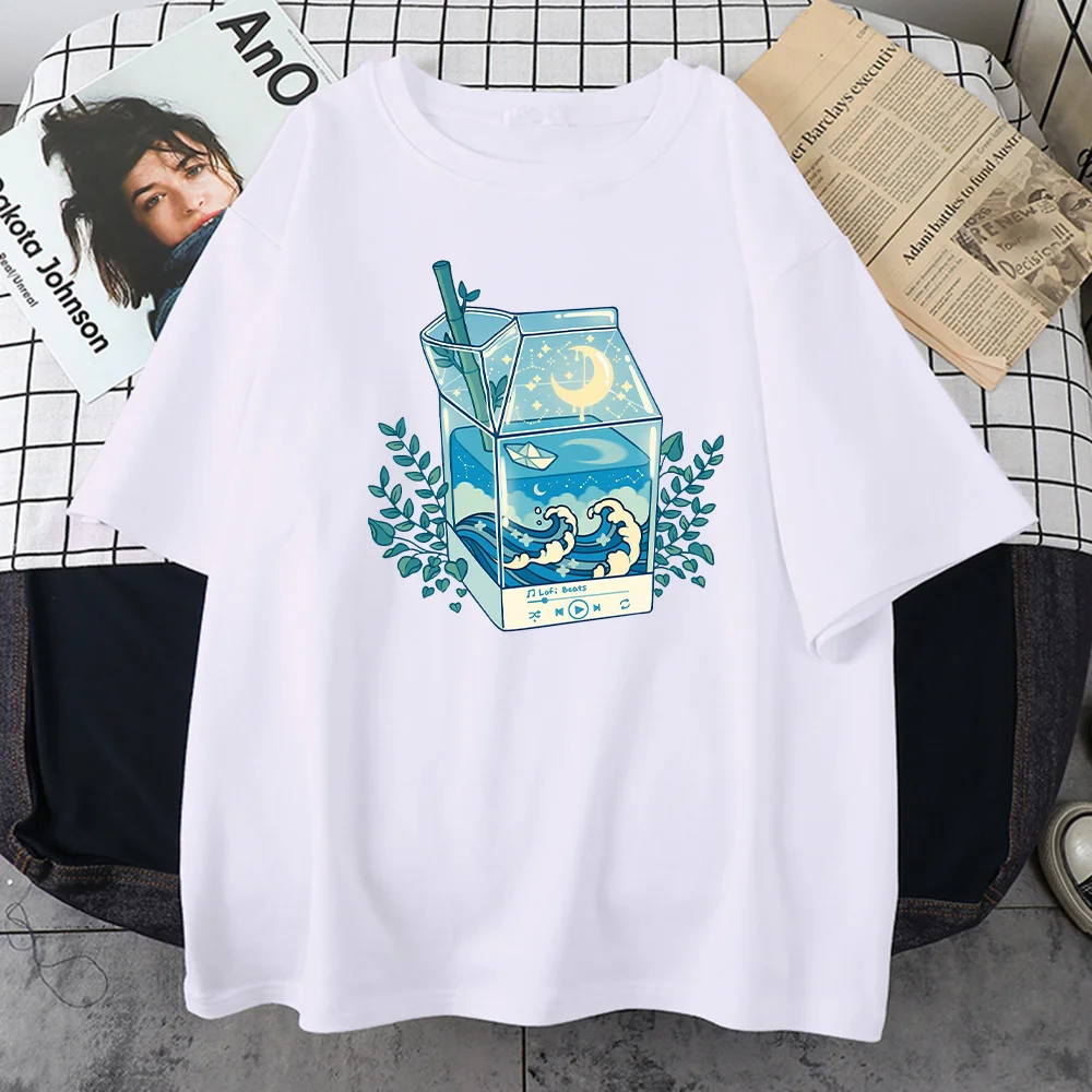

Milk Box Moonlight Waves Tshirts Male Summer Short Sleeve Tshirt Men Breathable Loose Clothing Man Harajuku Retro Tshirts Men