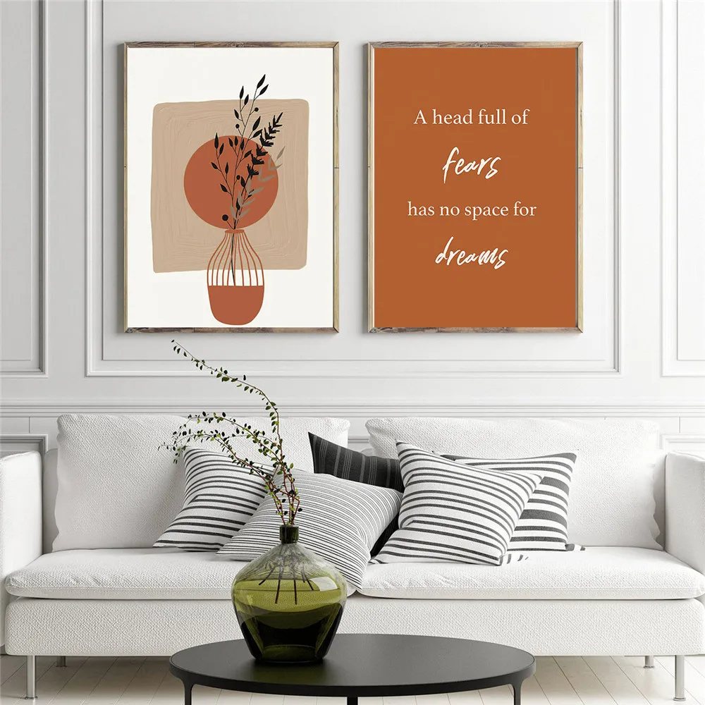 Boho Simple Tropical Plants Canvas Wall Art Poster Scandinavian Orange Women Sketch Line Painting for Bedroom Living Room