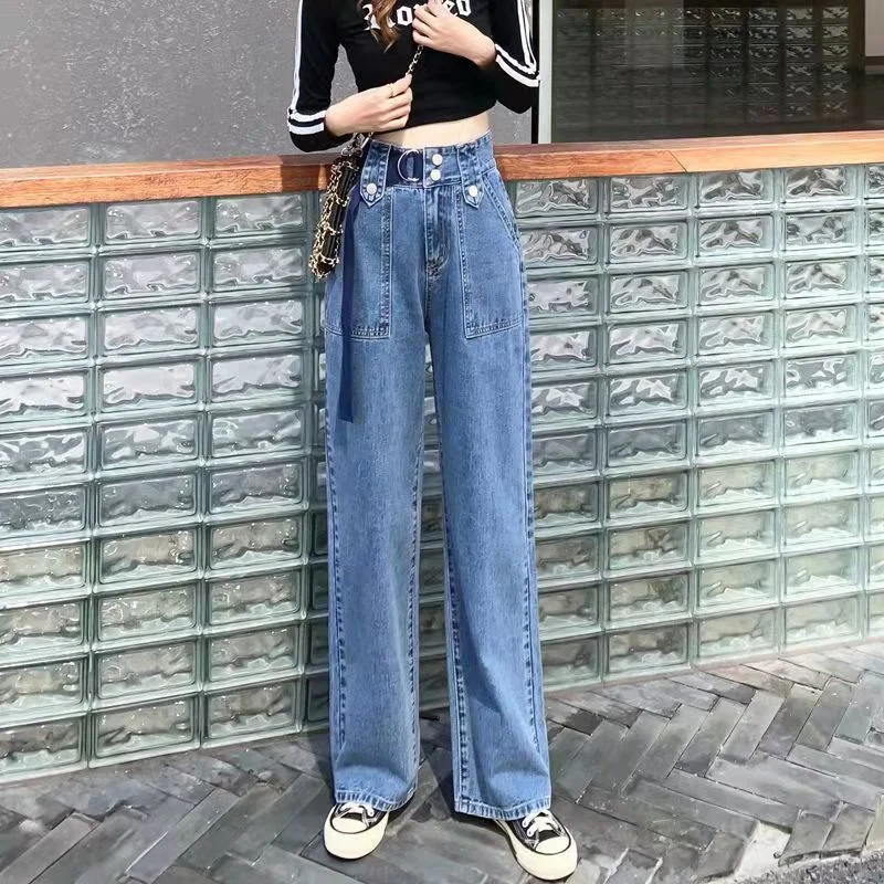2022 New Draping Effect Slim Draping Vintage Loose Women Jeans Spring Autumn High Waist Belly-Contracting Wide-Leg Jeans Women
