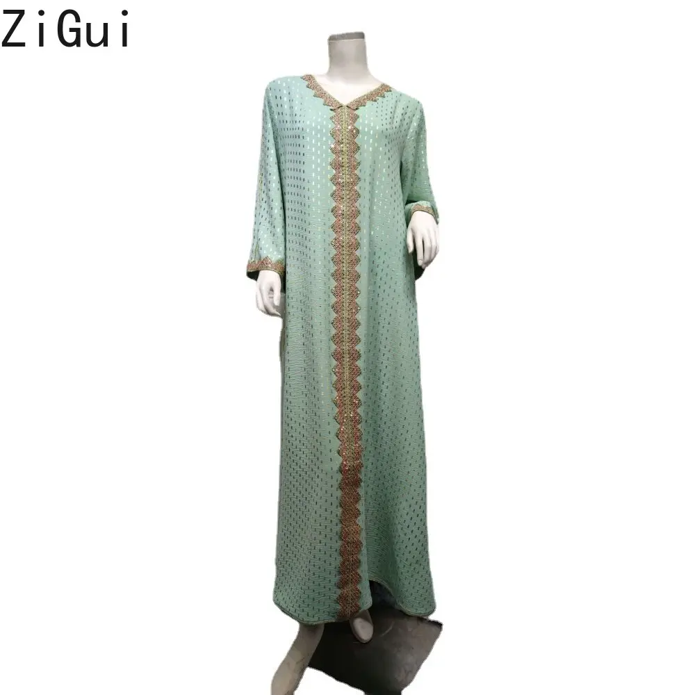 Zigui Abaya Muslim Dress Green Arab Africa Fashion Designer Dress Woman Muslim V Neck  Polka Dot Gold Printing