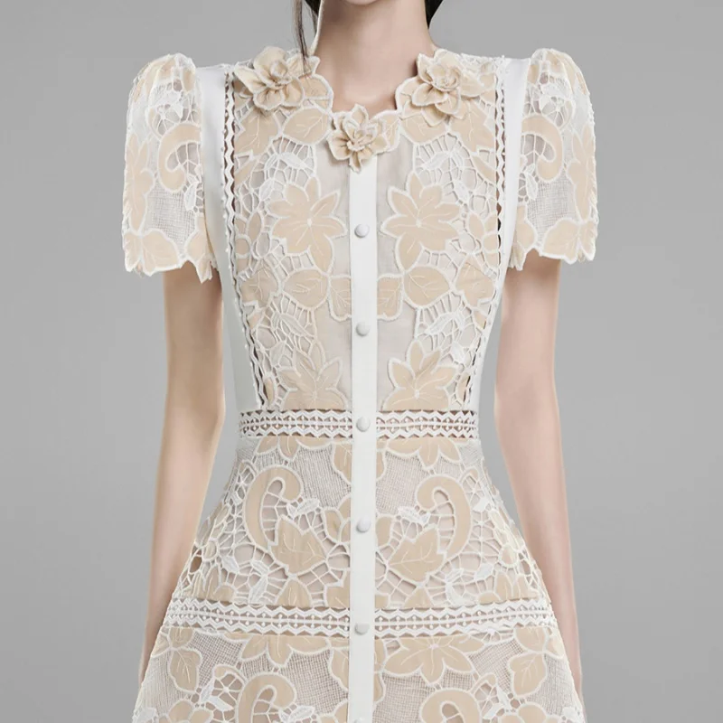 Женское однотонное платье с вышивкой и кружевом Элегантное летнее