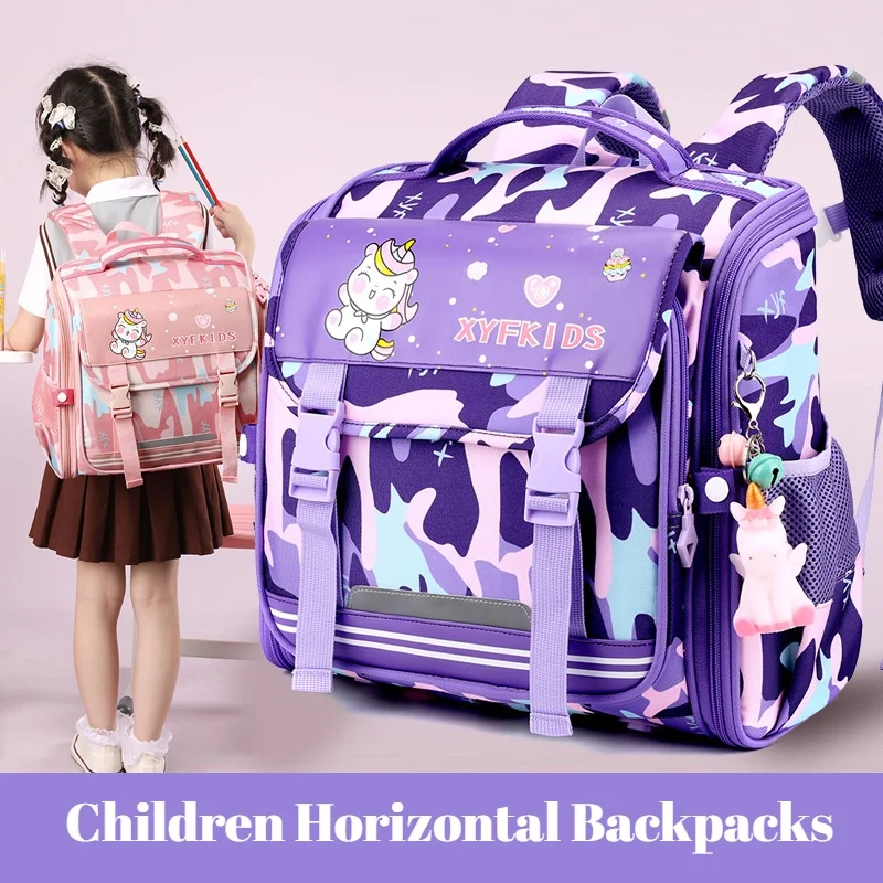 

Primary Junior High School Students Girls Boys Unicorn Horizontal PU Schoolbags New Children Cartoon British Style Backpacks Hot