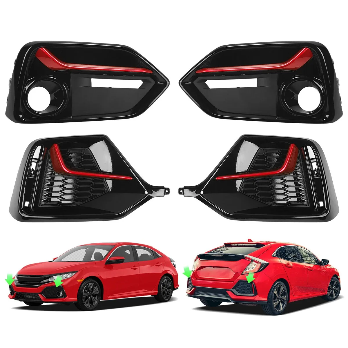 Фото Для моделей Honda Civic Hatchback 2017-2021 годов выпуска, накладки на передние и задние противотуманные фонари, красные/синие, OE 71108/71103-TGG-A20, 71508/71503-TEA-T00. №1
