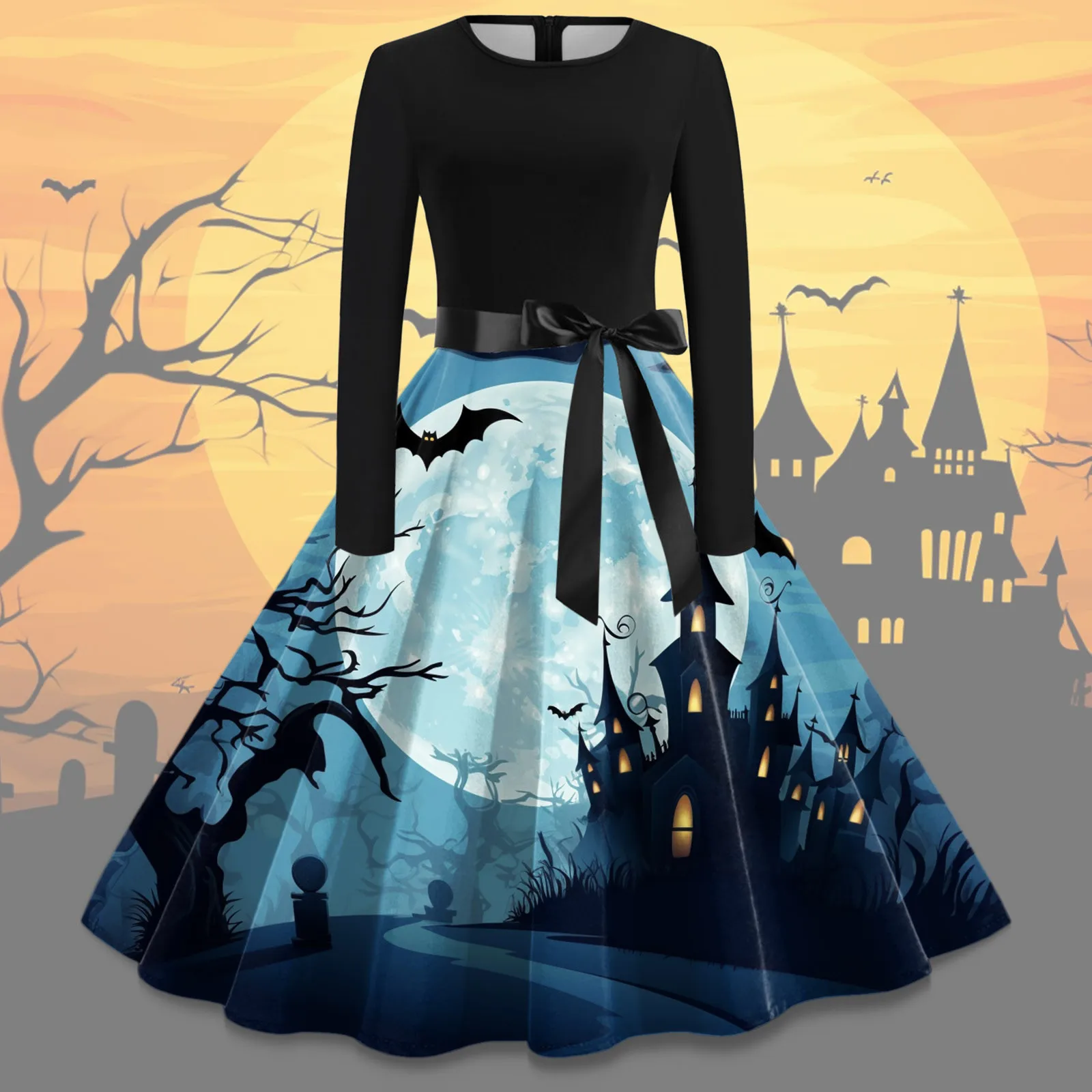 

Women Vintage Long Sleeve O Neck Halloween 1950s Housewife Evening Party Prom Party Beach Dress Ruffles Boho Shirt dresses