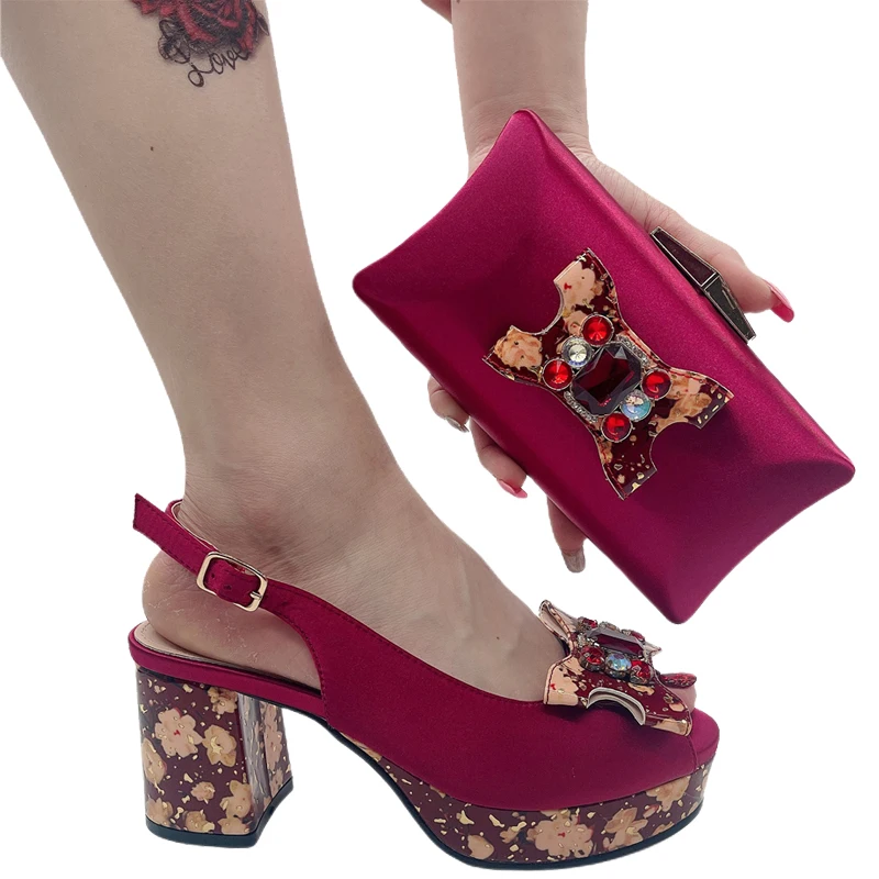2023 African Women's Evening Shoe for the Wedding Fashion Platform Pump Block Heel Comfortable Party Women Shoes and Bags Set