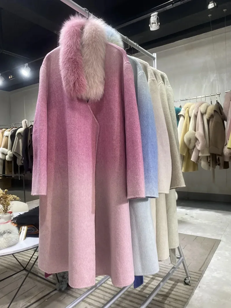 

Double-sided Cashmere Coat Women 2023 New Autumn Winter Office ladies Long Gradient Color Woolen Overcoat Y4408