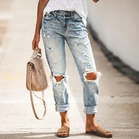 2022 summer fashion new elastic washed hole straight street style denim trousers womens high waist thin feet pants jeans