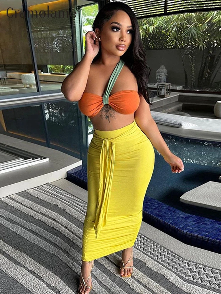 

Two Piece Set Vacation Outifits Women Strapless Tube Tops High Waist Long Skirt Suits Beach Maxi Dress 2022 Summer Dropshipping