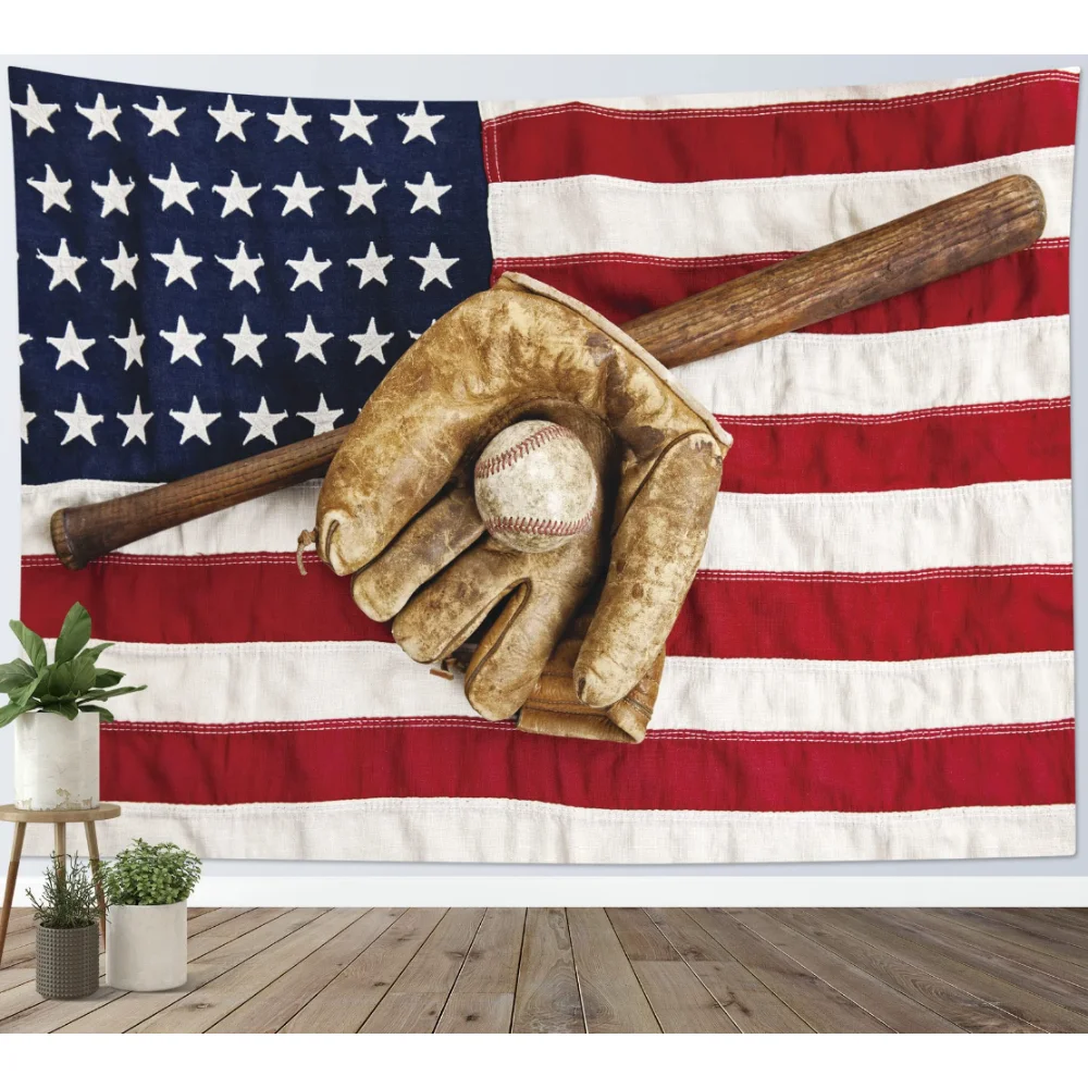 

Baseball Sport Tapestry Ball Glove and Bat Wall Hanging American Flag Tapestries for Bedroom Living Room Dorm Party Wall Decor