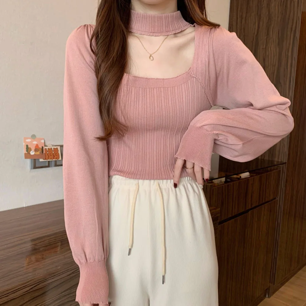 Woman Sweaters Halter square collar Short Long-Sleeved Sweater Top Women's Autumn Spring Tight Sweater Inner Wear images - 6