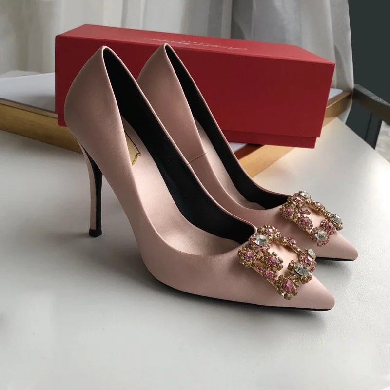 Satin Single Shoes Pointed Rhinestone Leather Leather High -heeled Women's Shoes