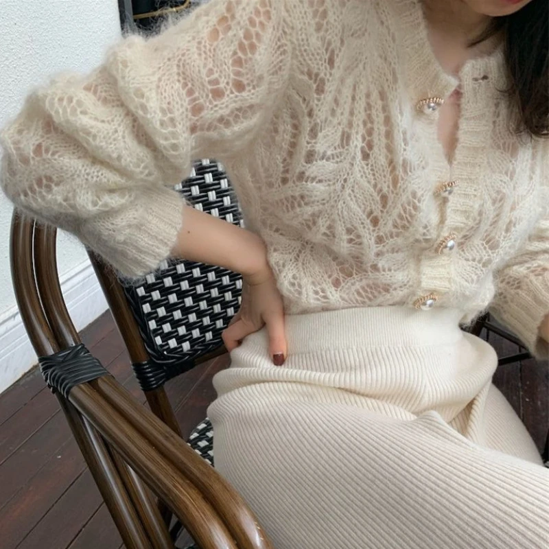 

Korean Style V-neck Short Knitted Sweaters Women Thin Cardigan French mohair Fashion Sleeve Sun Protection Crop Top Ropa Mujer
