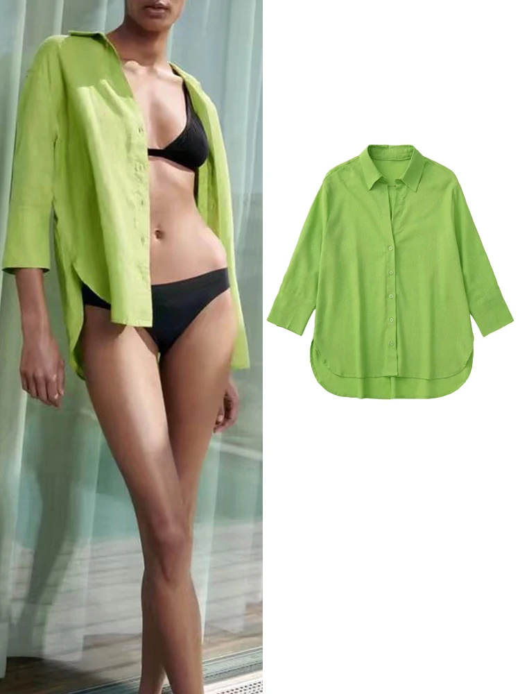 

TFMLN 2022 новая летняя женская однотонная блузка повседневные однобортные топы с рукавом 3/4 отложным воротником винтажные модные рубашки