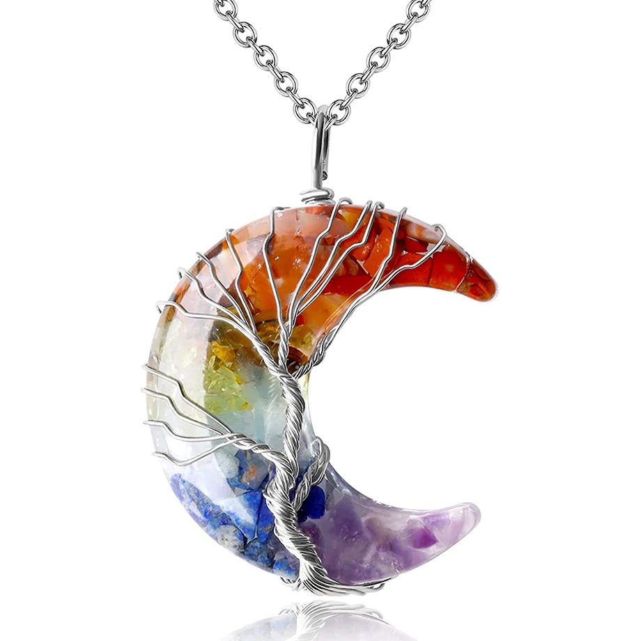 

7 Chakras Tree of Life Necklace Wire Wrap Crescent Moons Crystal Pendants Chip Quartz Natural Stone Resin Stainless Steel