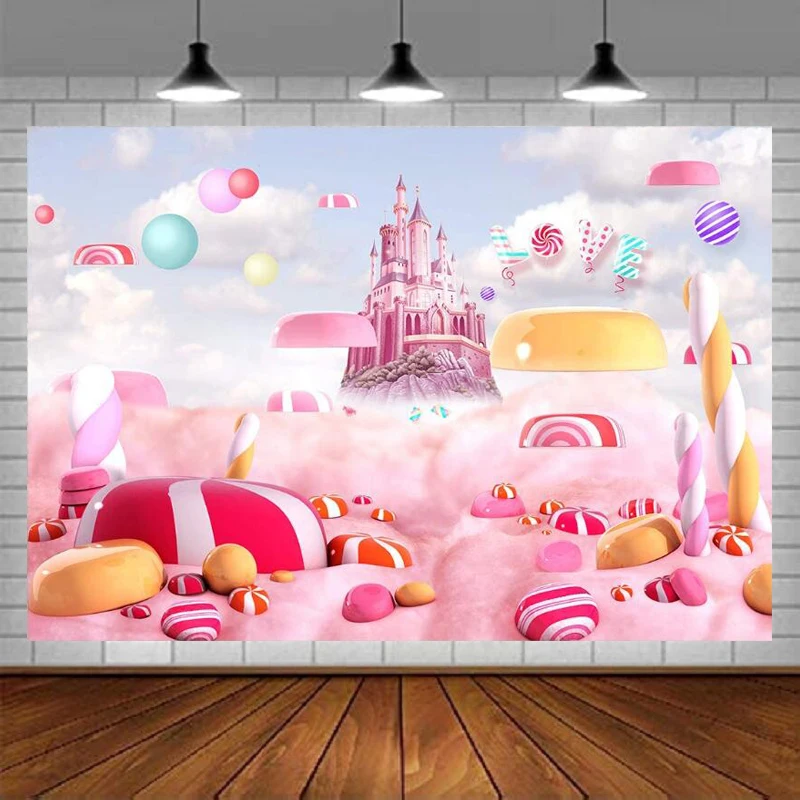 

Sweet Candy Photography Backdrop For Kids Girls Birthday Party Lollipops Fairy Tale Castle Background Decoration Banner Poster