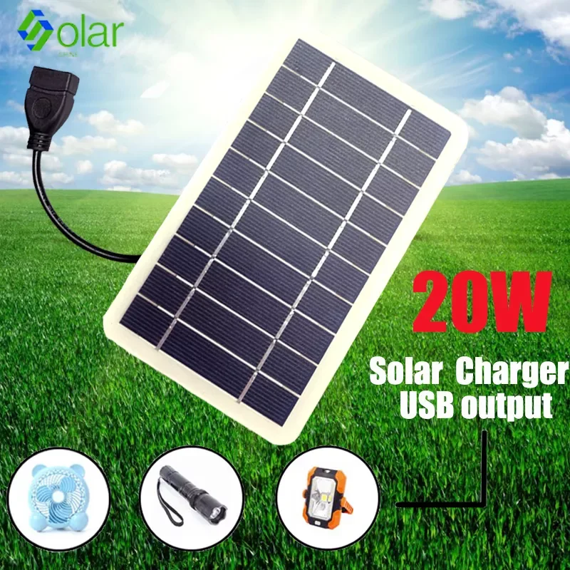 

NEW2023 20W High Power USB Solar Panel Outdoor Waterproof Hike Camping Portable Cells Power Bank Battery Solar Charger for Mobil