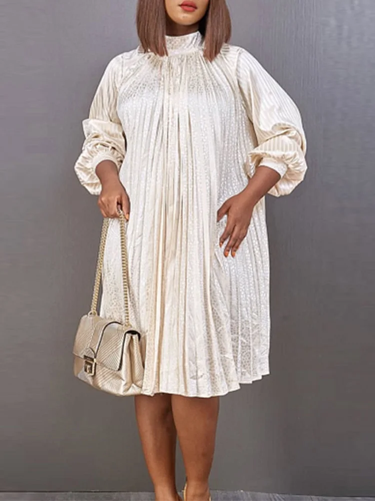 

VONDA 2022 Oversize Vintage Holiday Party A-Line Pleated Vestidos Elegant Women Long Sleeve Satin Robe O-Neck Pleated Midi Dress