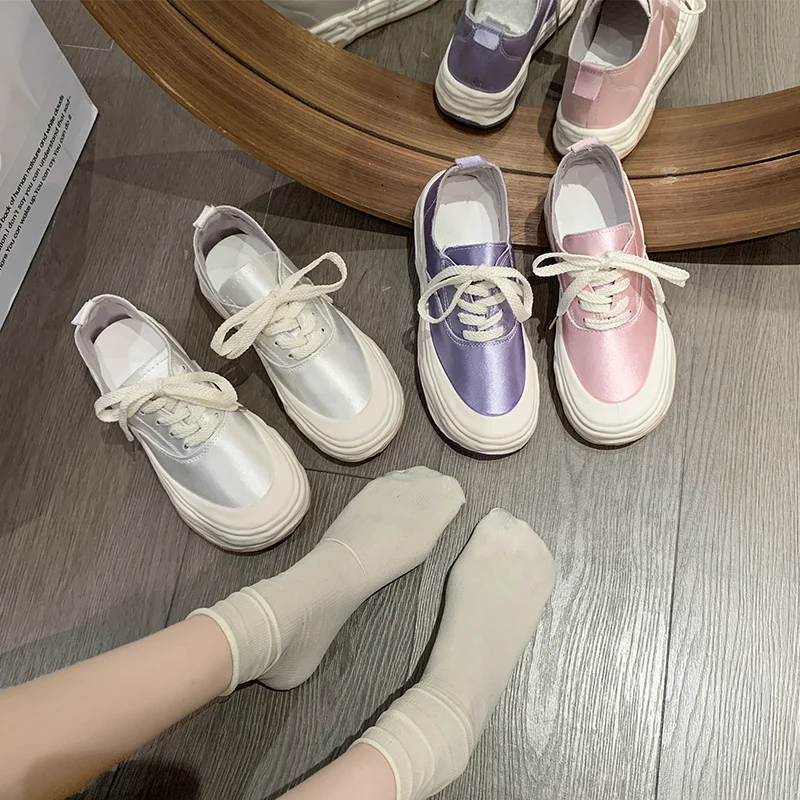 2023 Light Luxury Style Satin Face Dissolving Sole Casual Shoes Summer New Thick Sole Everything Canvas Shoe Candy Color Lace-up