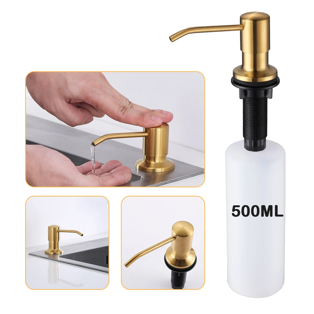 500ML Gold Liquid Soap Dispenser Kitchen Sink Countertop Stainless Steel Built in Hand Soap Dispenser Pump Large Capacity 17 OZ