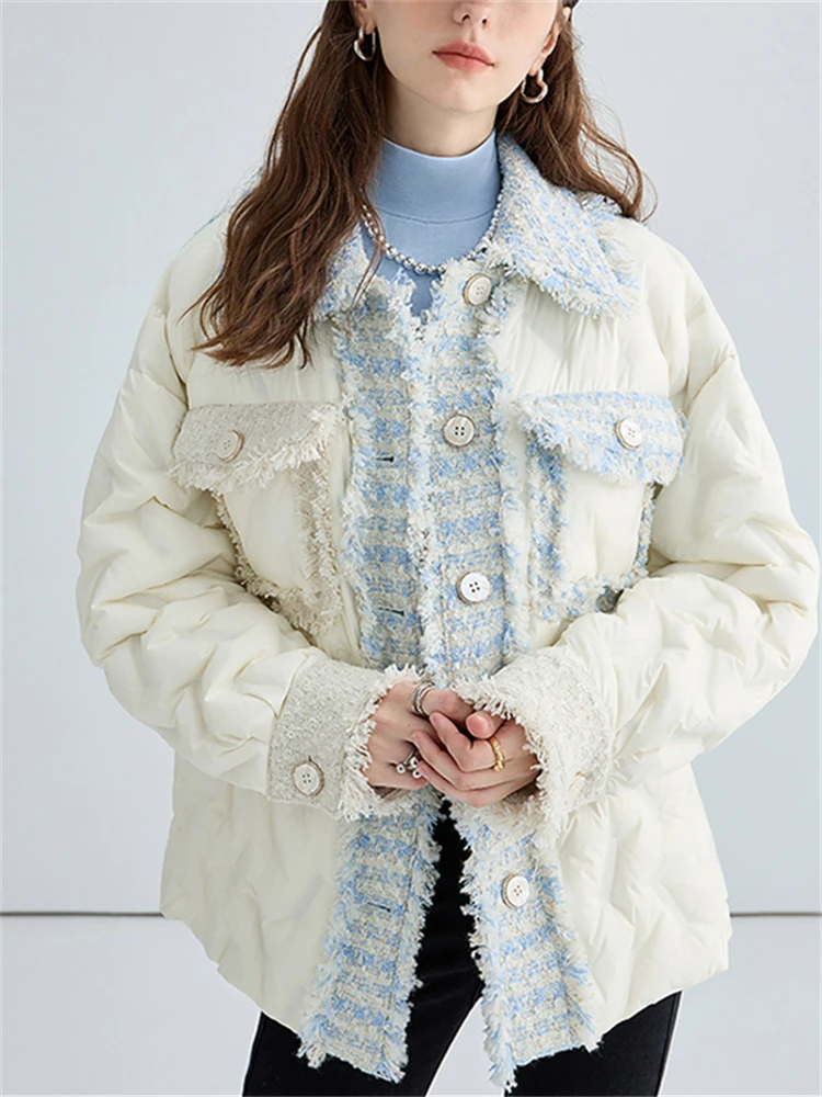 Tweed Plaid Splicing Down Jacket Women's Autumn Winter New Color Contrast Warm Loose Long Sleeve Versatile Coat Female