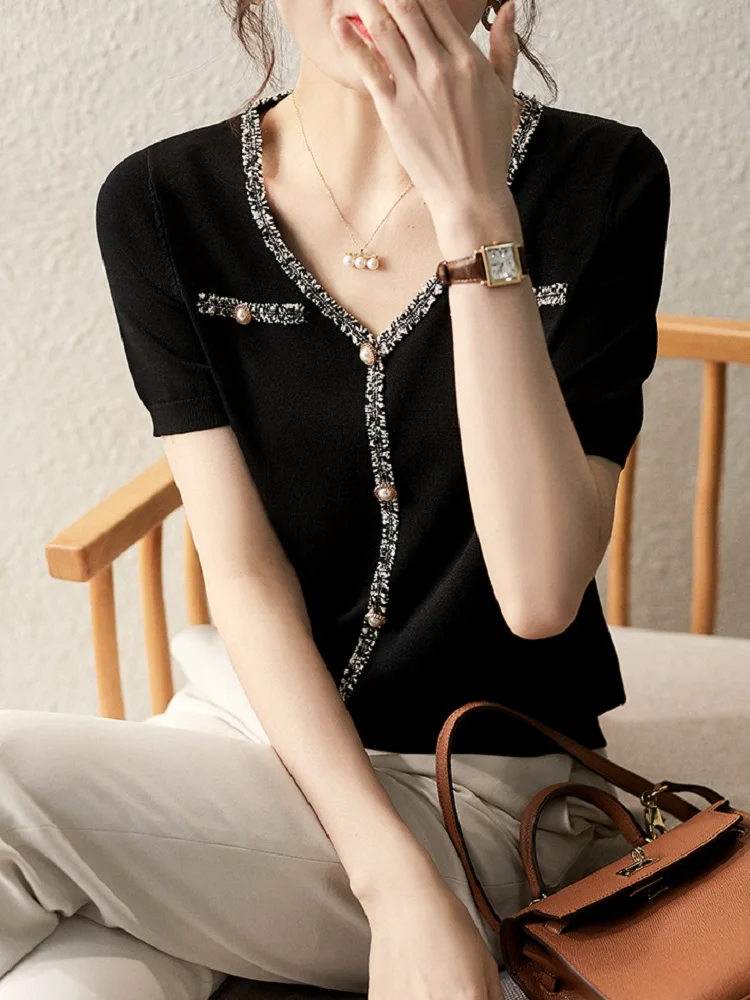 

2022 New Tweed Splicing Pearl Buckle V-Neck Women Pullovers Knitting Ladies T-Shirts Elastic Casual Cotton Wool Tops