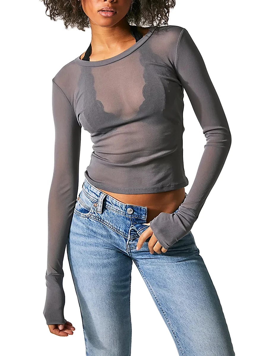 

Женский облегающий Топ с длинным рукавом, однотонная облегающая футболка с круглым вырезом, базовый облегающий укороченный топ, рубашка
