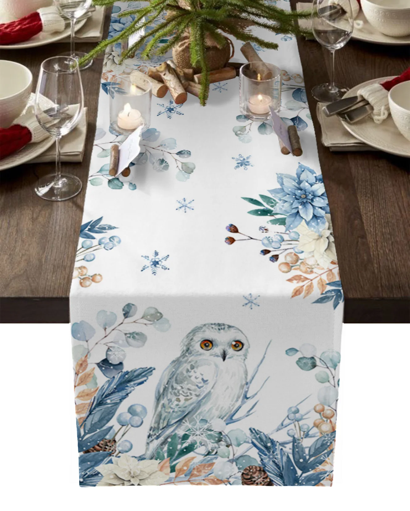 

Новогодняя сова, лист эвкалипта Пуансетии, скатерть, украшение для свадебного стола, скатерть, украшение для рождественского праздника