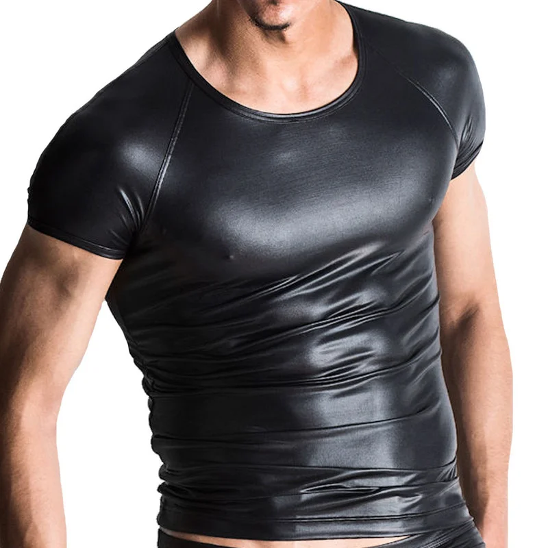 

Mens Shirts PU Leather Undershirts Short Sleeve T Shirts Tops Male Faux Leather Black T-shirts Stage Night Clubwear Men Clothes