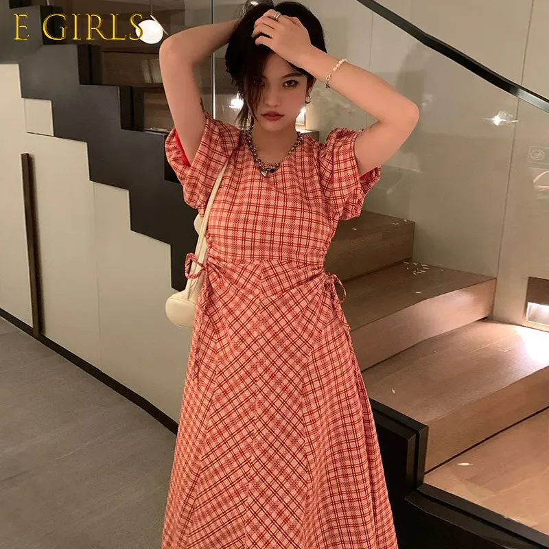 

Женское платье в клетку J, платье с круглым вырезом, кружевной вырез на талии, летние длинные платья в Корейском стиле ретро, лето 2022