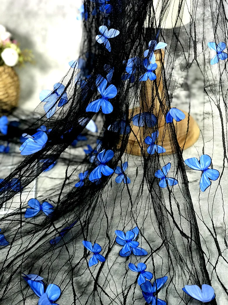 Black transparent blue 3D butterfly flower lace mesh fabric transparent wedding dress designer fabric