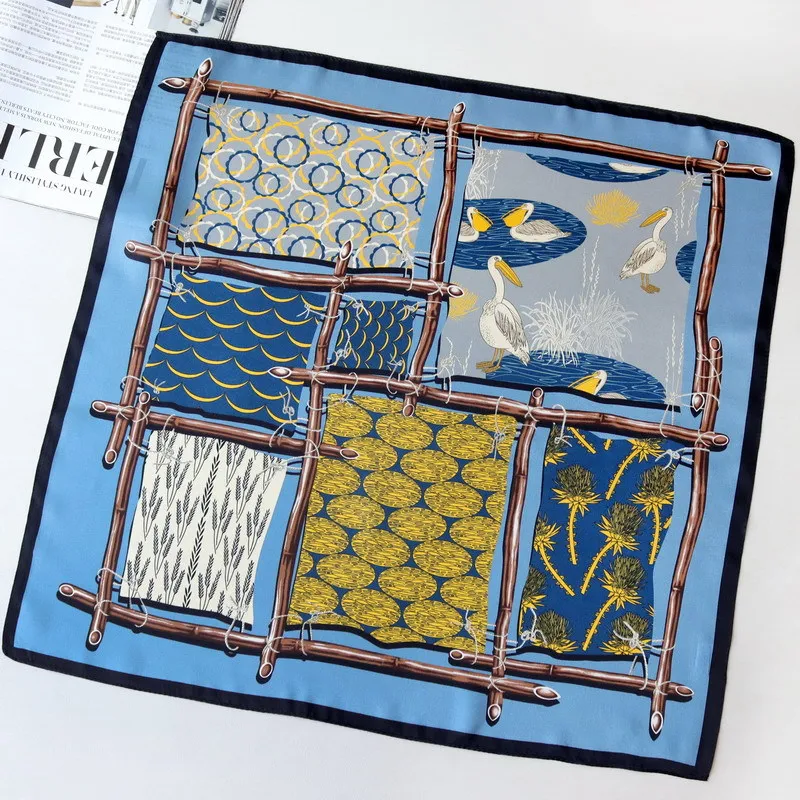 

53CM 100% Natural Silk Scarf Women Temperamental blue pelican Print Square Scarves Wraps Small Head Handkerchief Hijabs