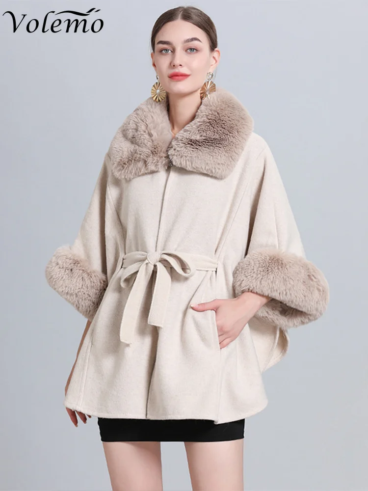 

Elegant Autumn Winter Rex Rabbit Fur Collar Belt Knitted Poncho Cape Shawl Woolen Large Size Women's Coat Rabbit Fur Ponchos