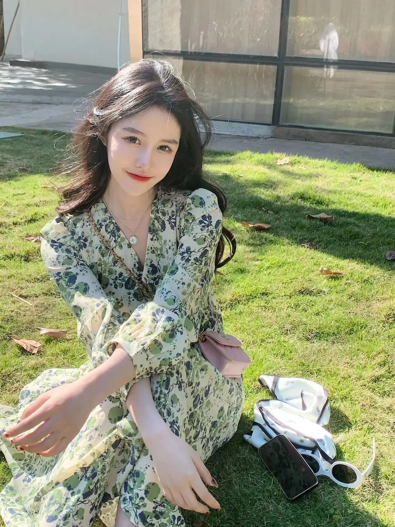 

COIGARSAM Spring Women's Dress 2021 2022 New French Style Cute Floral Print Green Dresses Dropshipping