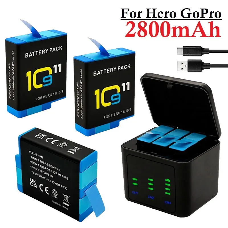 2800mAh Battery For GoPro Hero 10 11 2800 mAh Battery 3 Ways Fast Charger Box TF Card Storage For GoPro Hero 9 Accessories