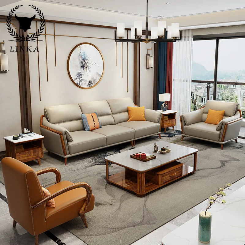 

Современный китайский первый слой кожи черное дерево итальянский роскошный диван