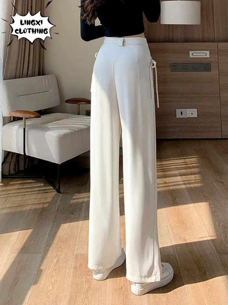 High Waisted Lace Up Suit Wide Leg Pants for Women In 2023 Summer Black Classic Casual Loose Fitting Straight Leg Mop Pants