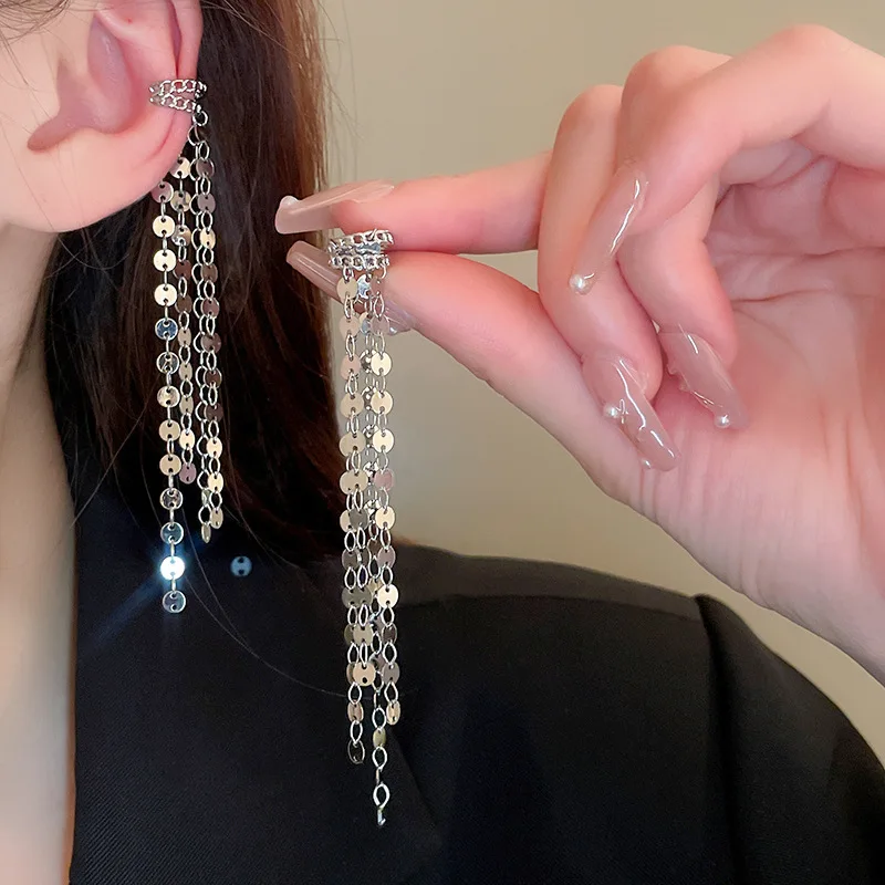 

New Tassel Ear Clip On Earrings for Women Long Chain Ear Cuff No Pierced Classic C Shape Ear Clips Shining Wedding Party Jewelry