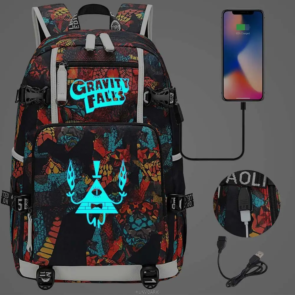 Сумка Luminous Gravity Falls для мужчин и женщин с USB-подключением, водонепроницаемая, для ноутбука 18 дюймов, школьная сумка для подростков Mochilas.
