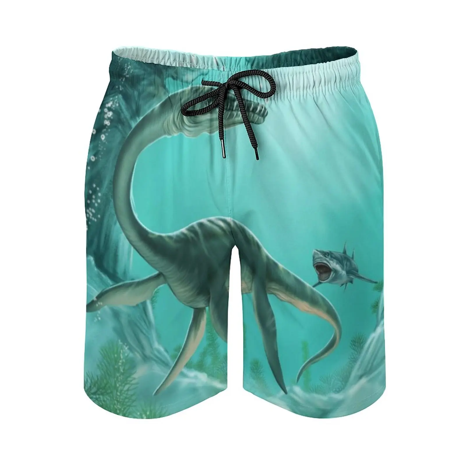 

Underwater Dinosaur Men's Beach Shorts Swim Trunks With Pockets Mesh Lining Surfing Animals Cretaceous Dinosaur Extinct Fish