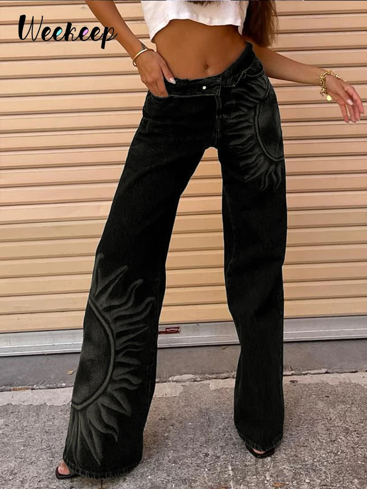 

Weekeep/Мешковатые Черные джинсы; Готический графический принт; Высокая талия; Широкие джинсовые брюки-карго; y2k Harajuku; Уличная одежда; Женские б...