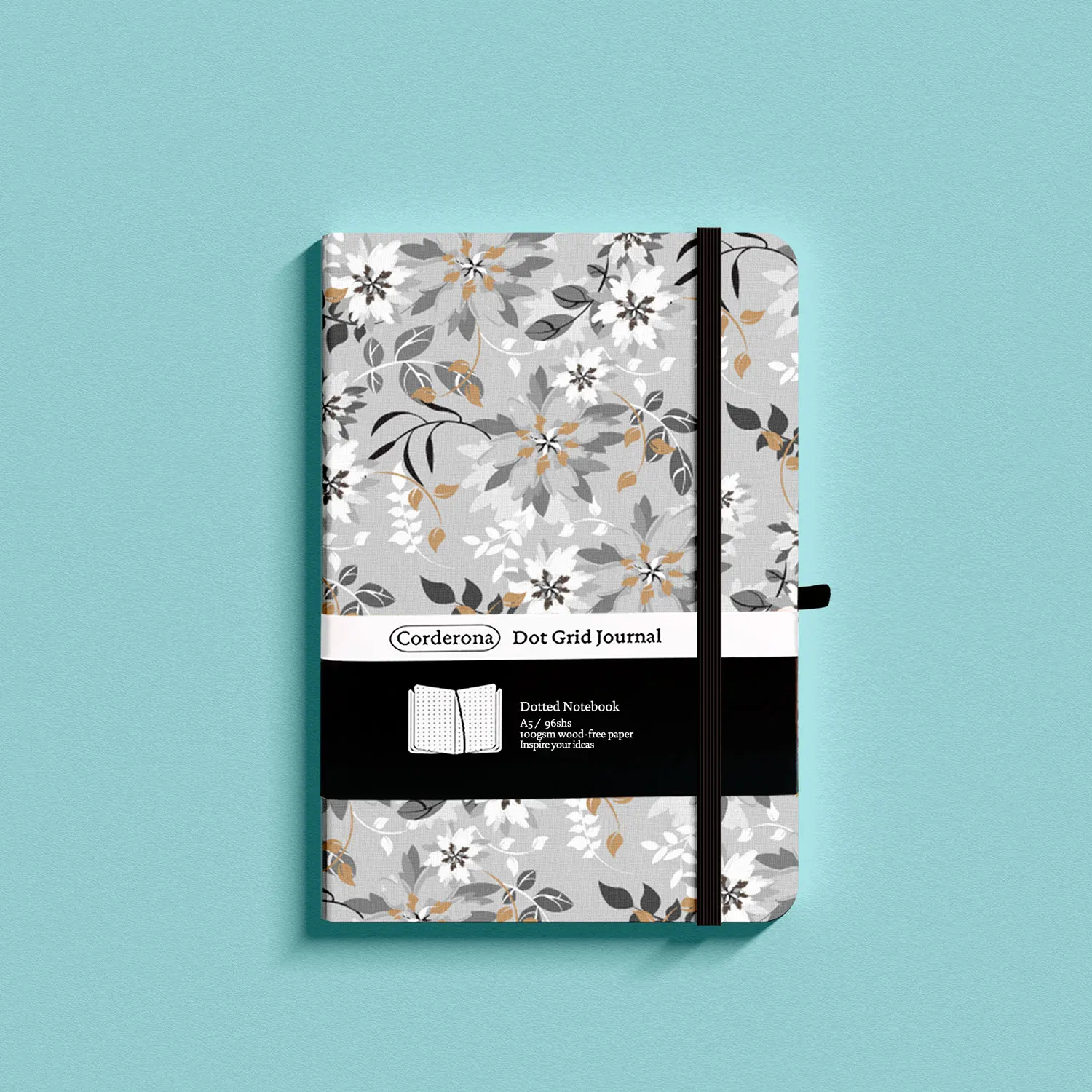 Grey Floral Bullet Dotted Journal A5 Elastic Band Bujo Travel Diary Hard Cover Notebook